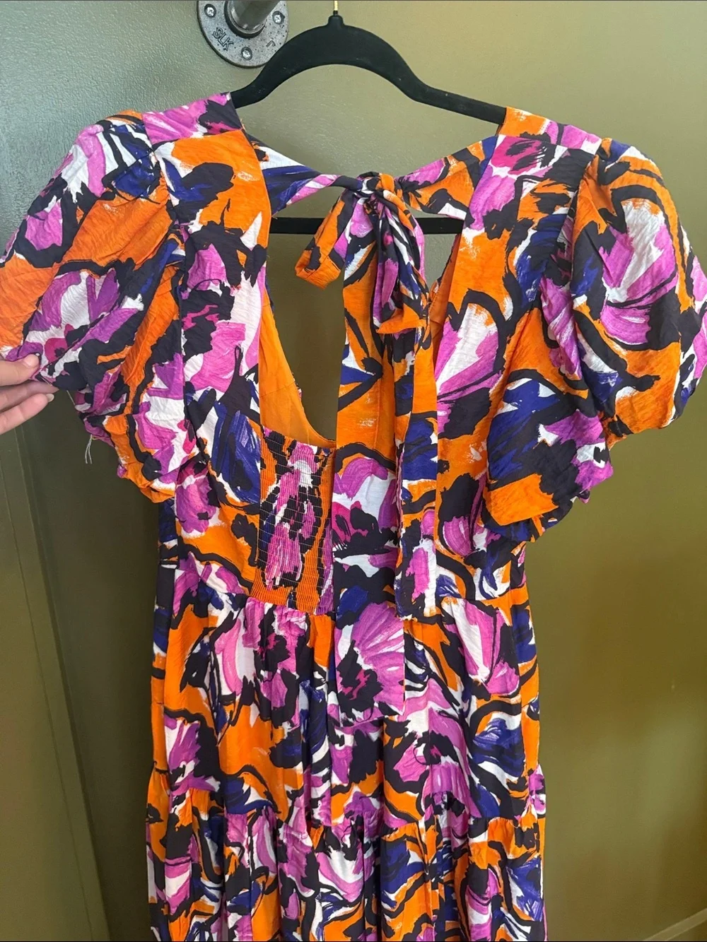 Anthropologie Orange Floral Puff-Sleeve Midi Dress with Pink & Purple Accents